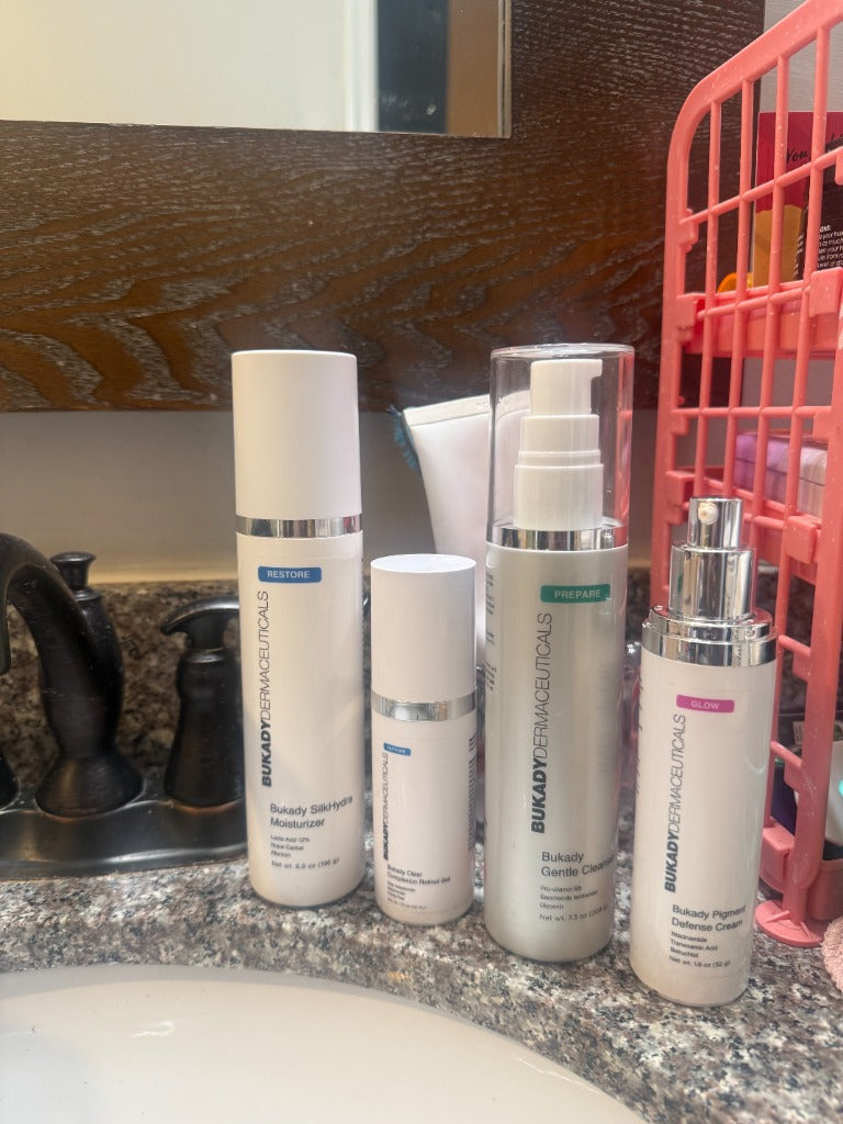 Real Bukady Dermaceuticals customer routine on bathroom sink